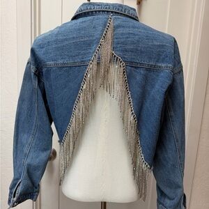 JW Signature Cropped Blue Denim Jacket with Rhinestones back—Size L